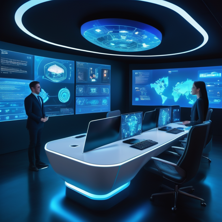 Futuristic command center with individuals interacting with holographic AI chatbot displays.